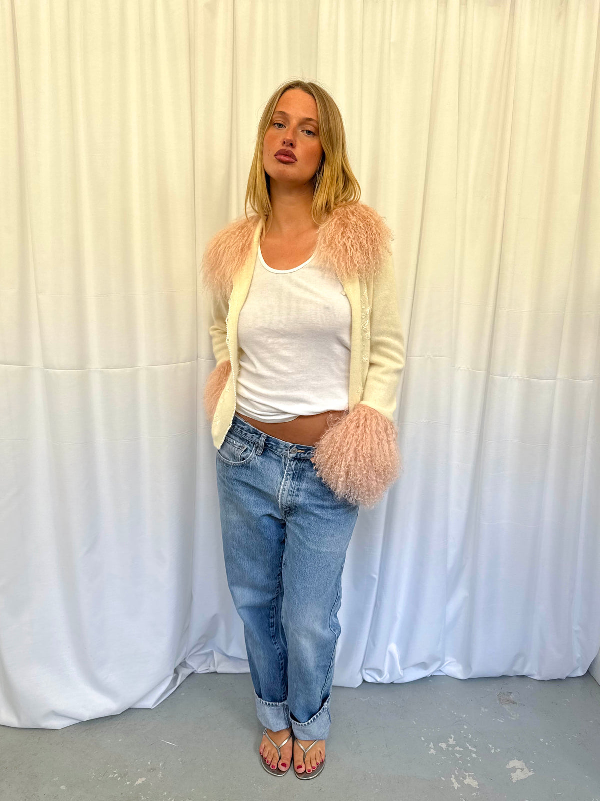 Cream and Baby Pink Angora Cardie