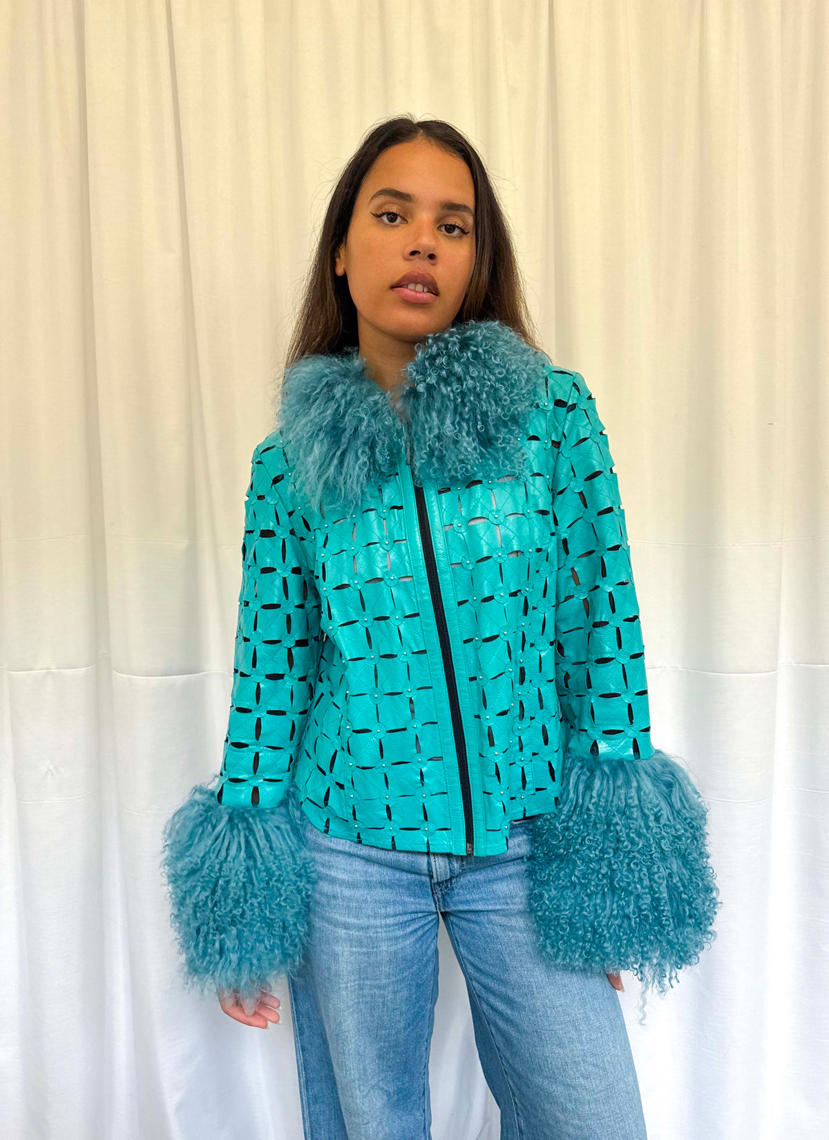 Teal Cut-Out Leather Jacket