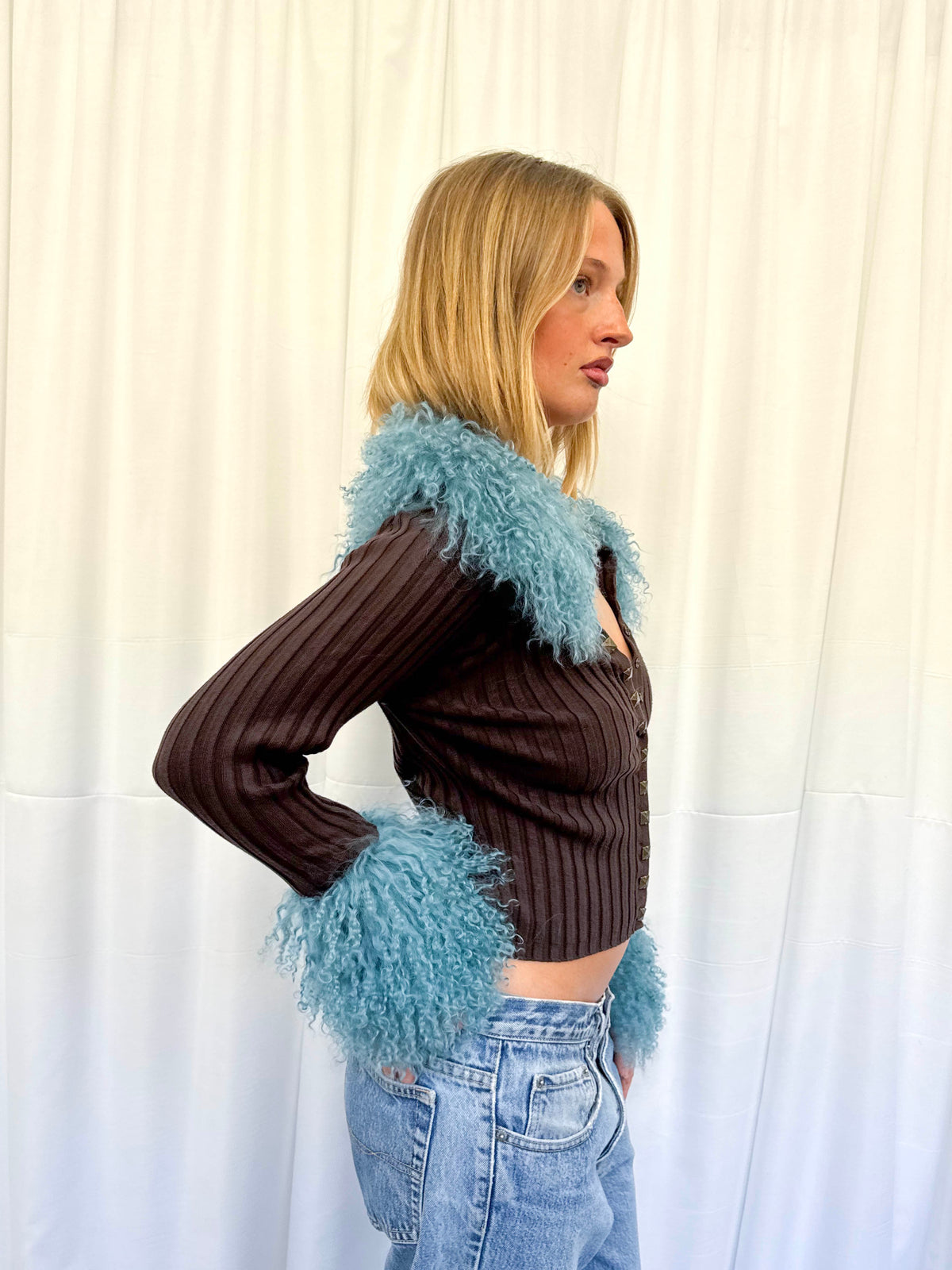 Brown and Teal Ribbed Cardie