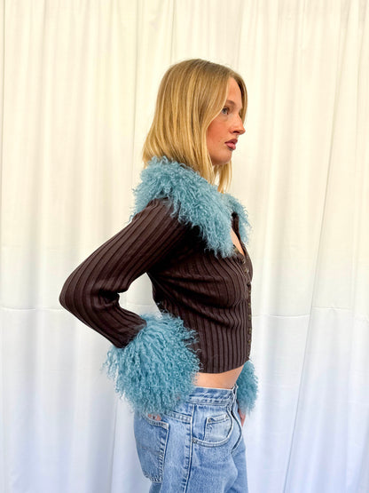 Brown and Teal Ribbed Cardie