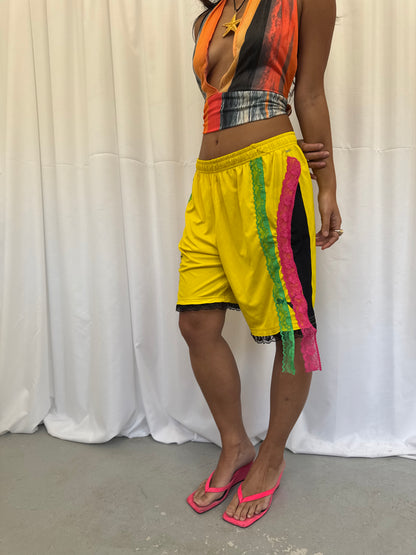 Yellow shorts with pink and green lace
