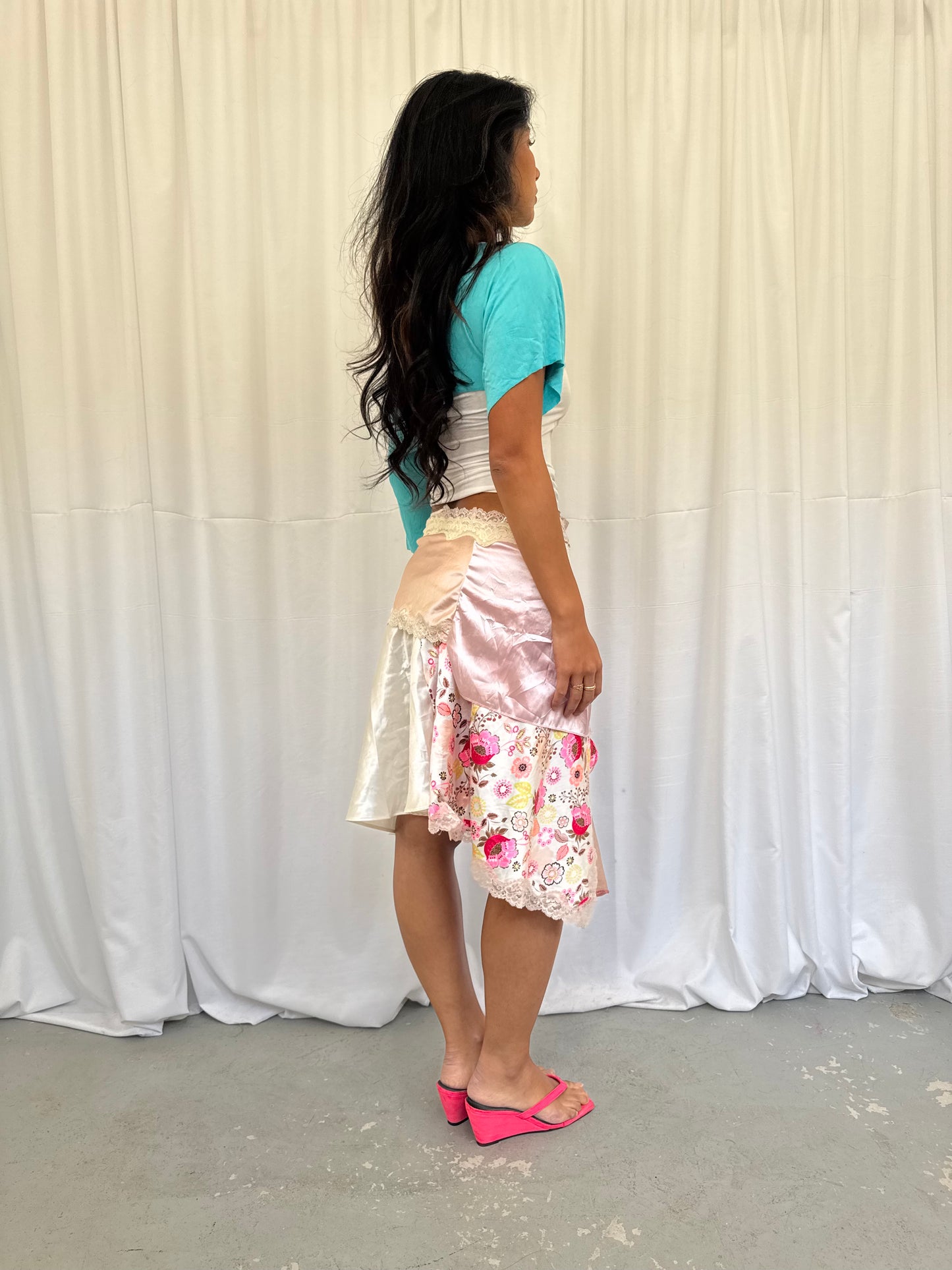 Upcycled White and Peach Patchwork Wrap Skirt
