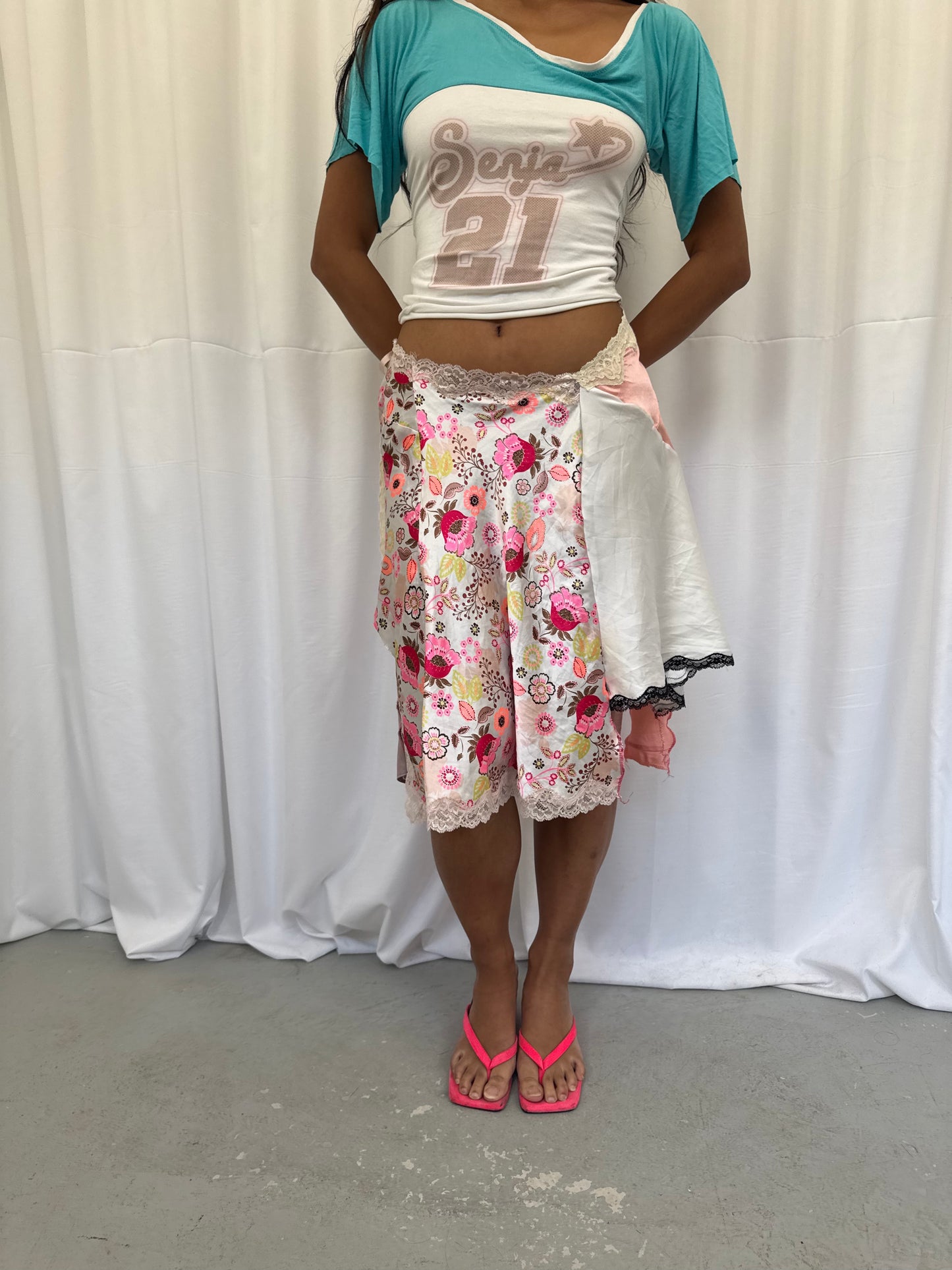 Upcycled White and Peach Patchwork Wrap Skirt