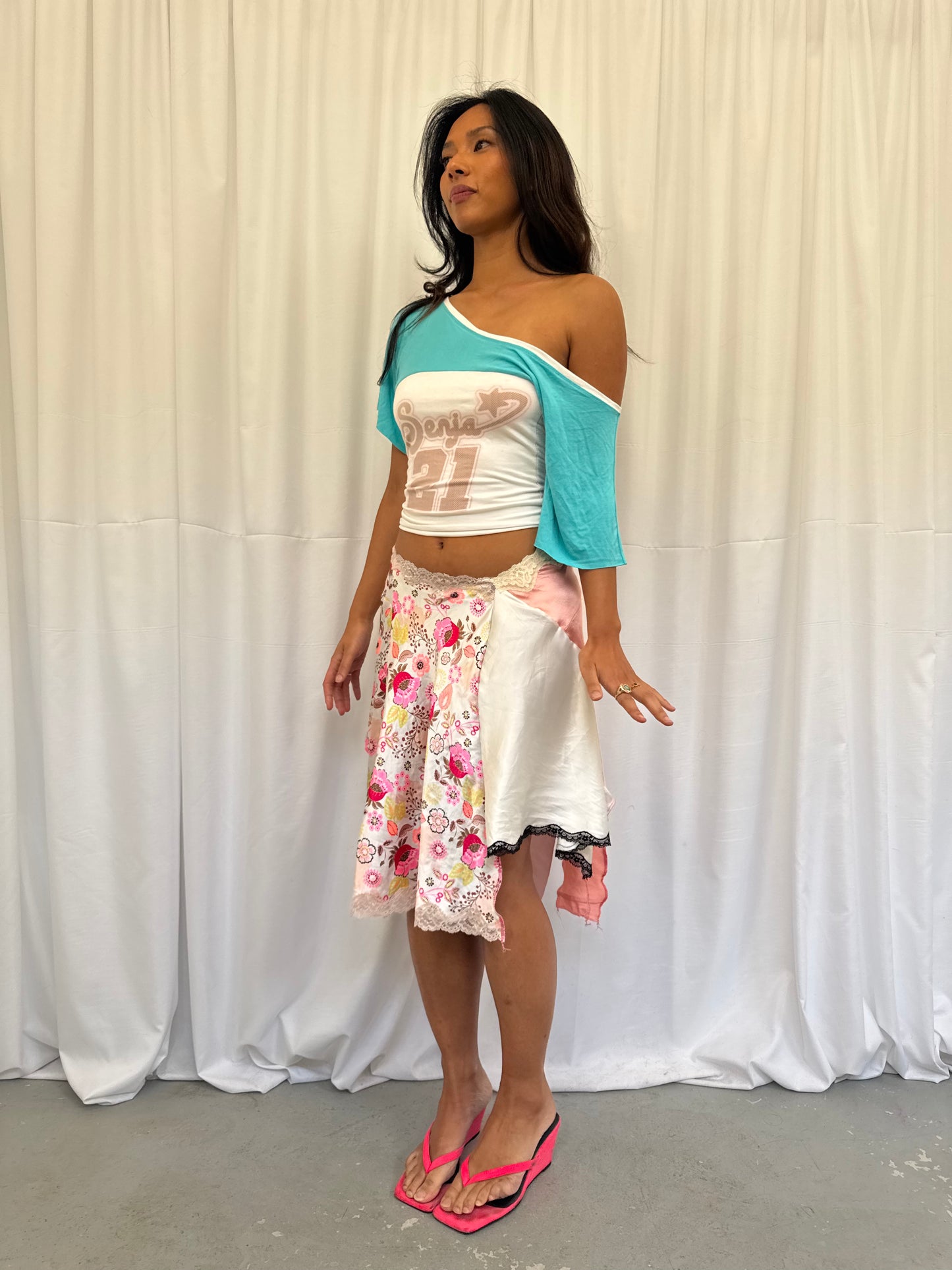 Upcycled White and Peach Patchwork Wrap Skirt