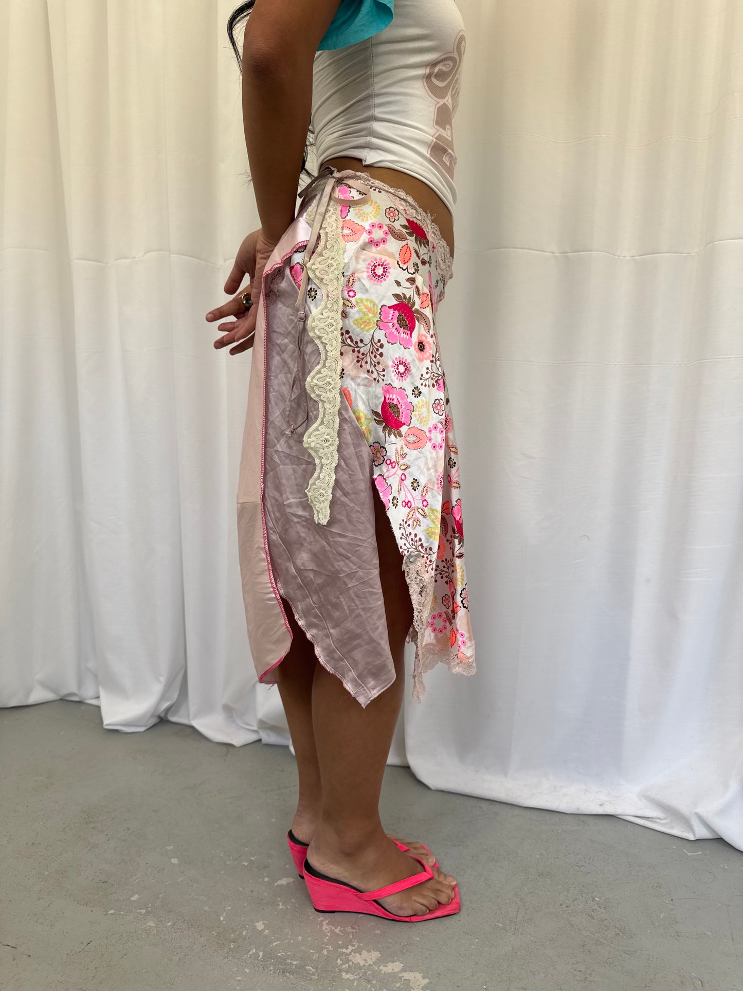 Upcycled White and Peach Patchwork Wrap Skirt