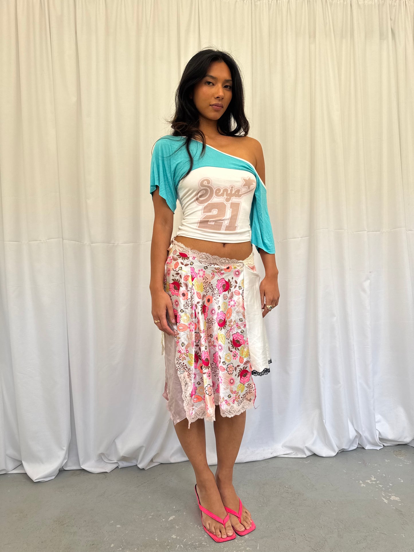 Upcycled White and Peach Patchwork Wrap Skirt