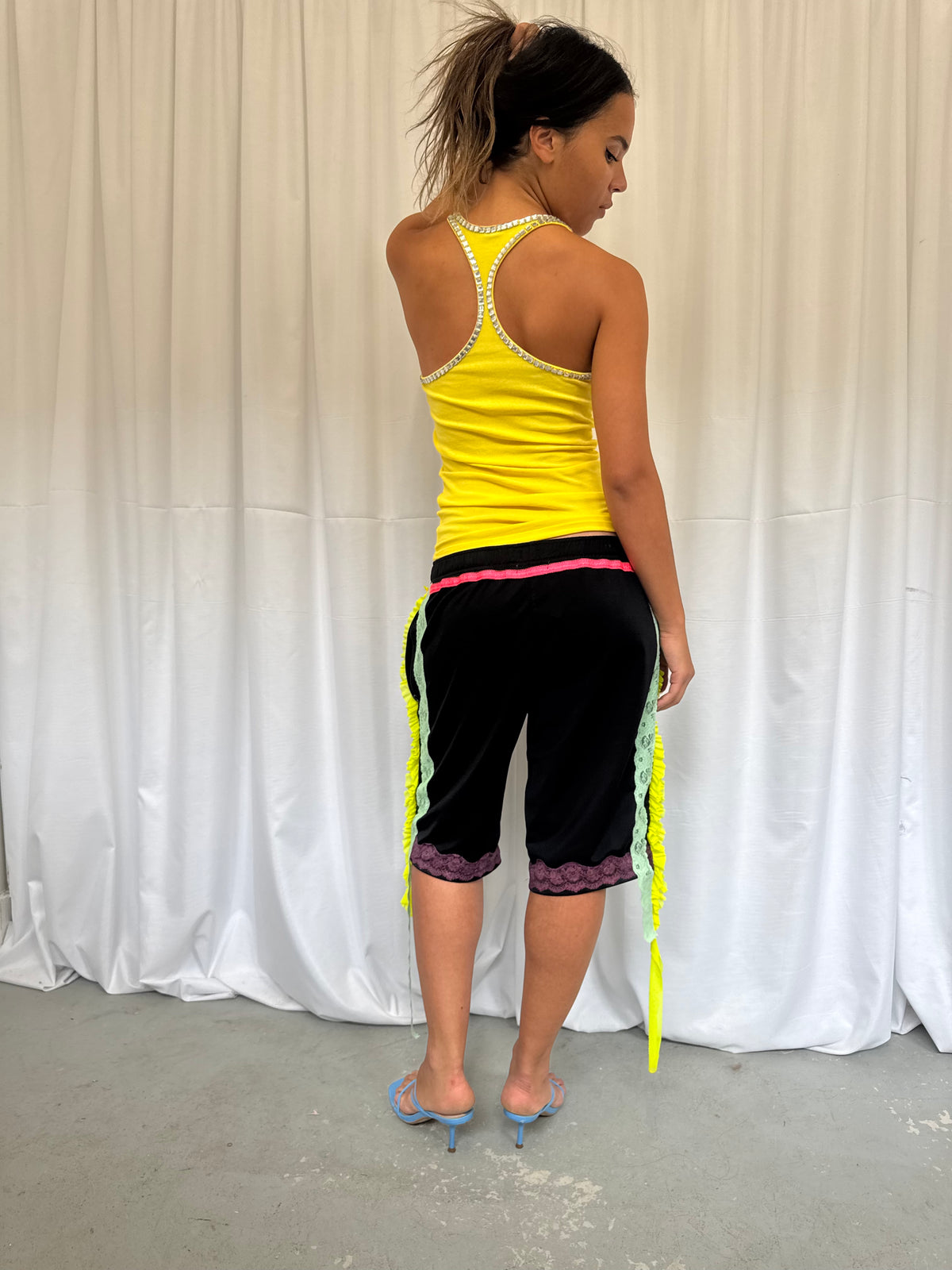 Black Basketball Shorts with Yellow Ruche Trim