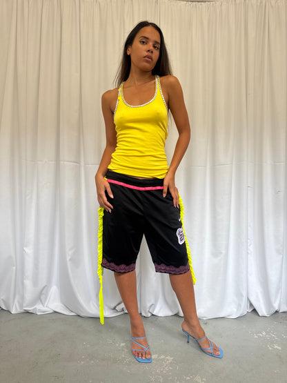 Black Basketball Shorts with Yellow Ruche Trim