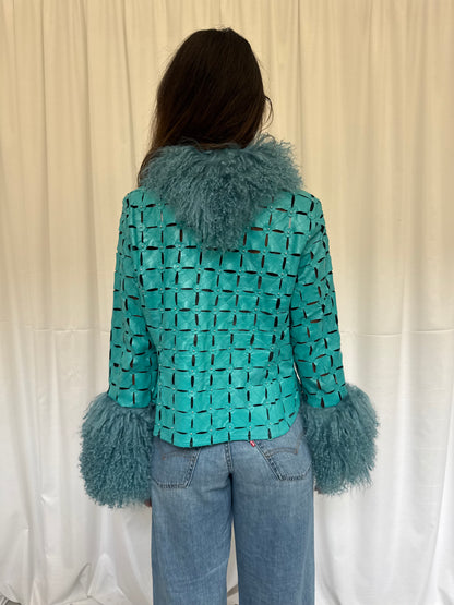 Teal Cut-Out Leather Jacket