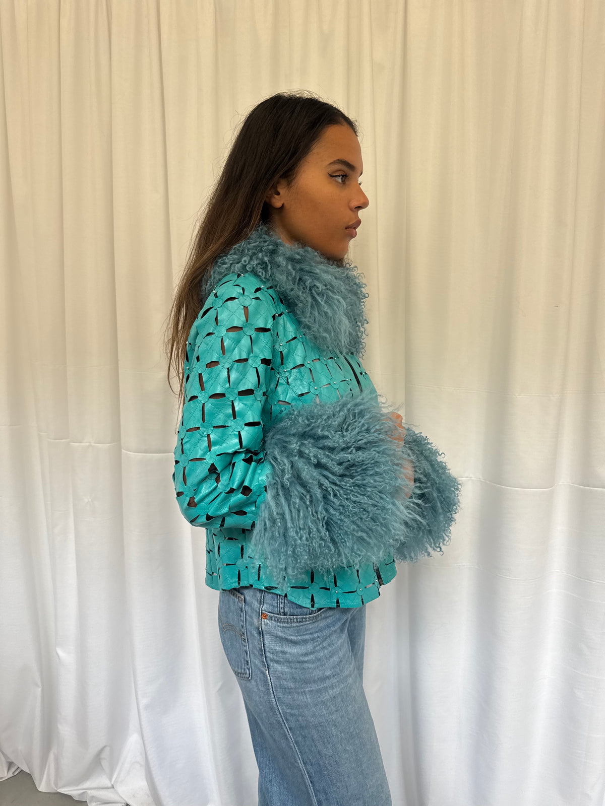 Teal Cut-Out Leather Jacket