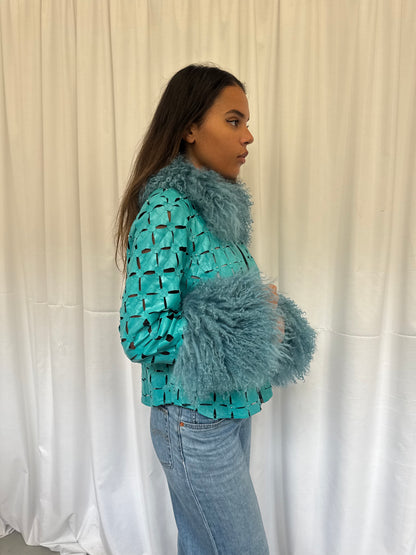 Teal Cut-Out Leather Jacket