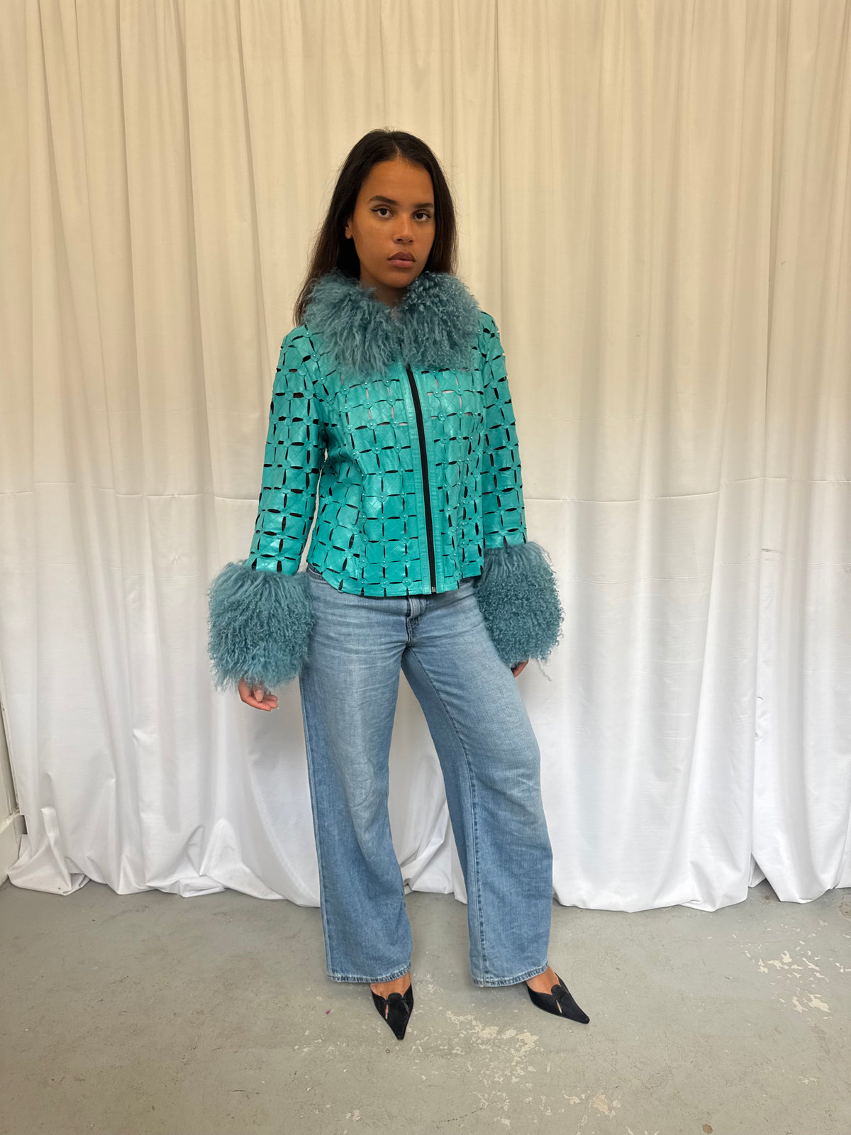 Teal Cut-Out Leather Jacket
