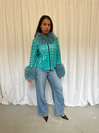 Teal Cut-Out Leather Jacket