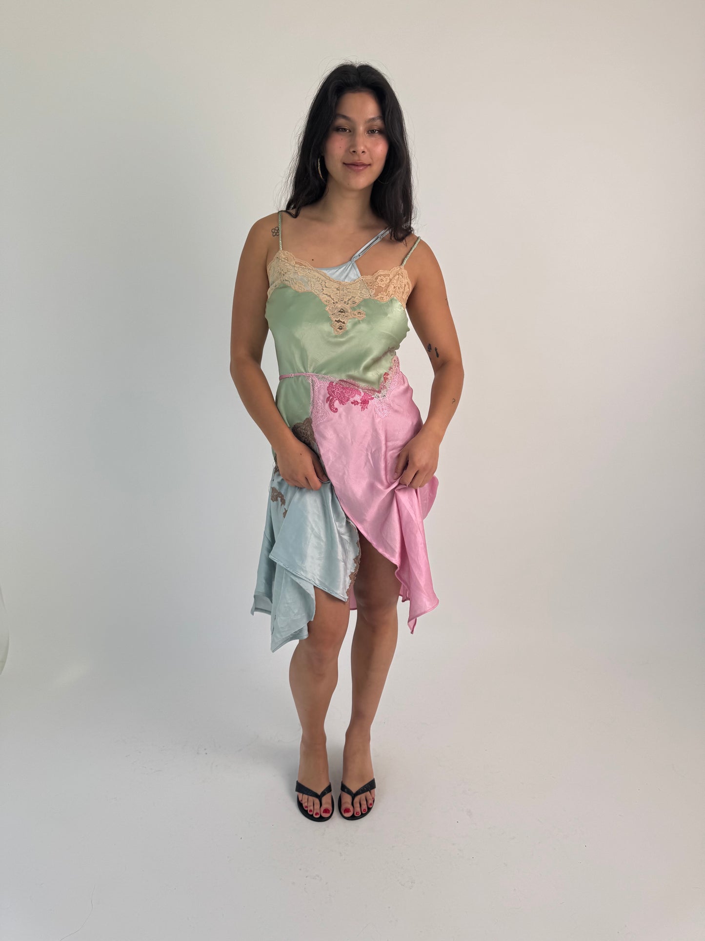 Upcycled green patchwork slip dress