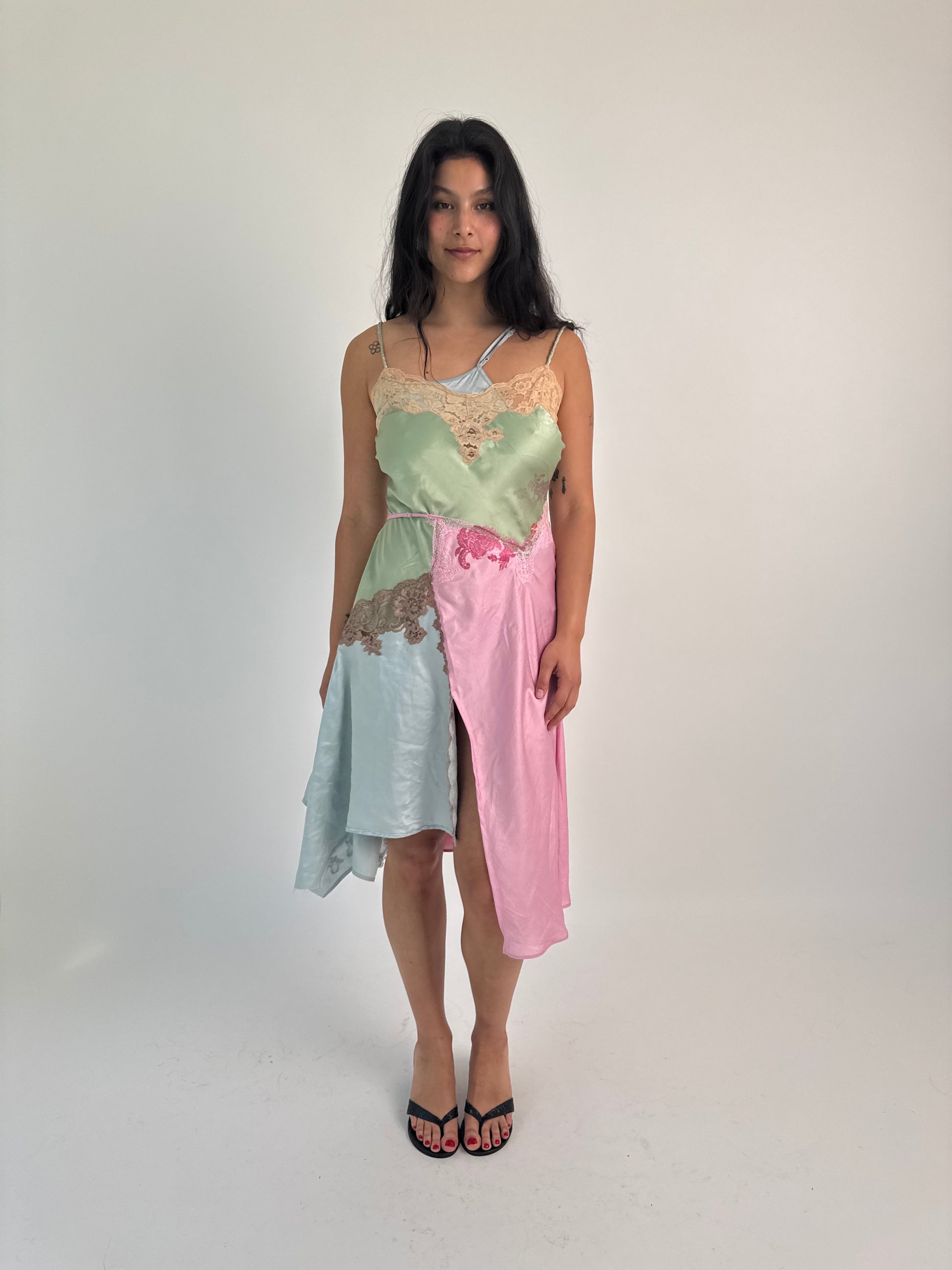 pink and green slip dress 2000s PINK Victoria's Secret Green Slip Dress M/L Frilly Trim Tie Dye Hippie