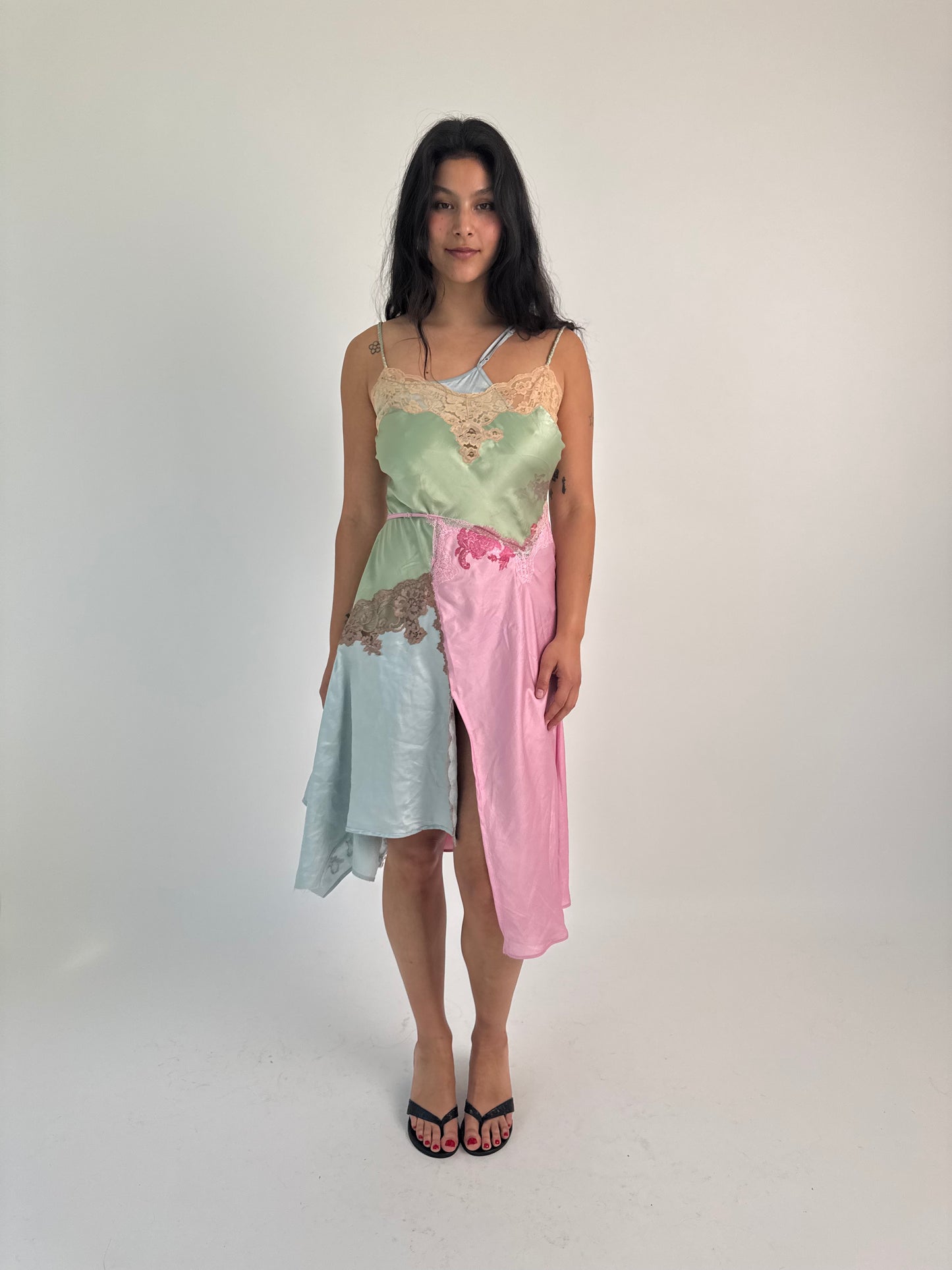 Upcycled green patchwork slip dress