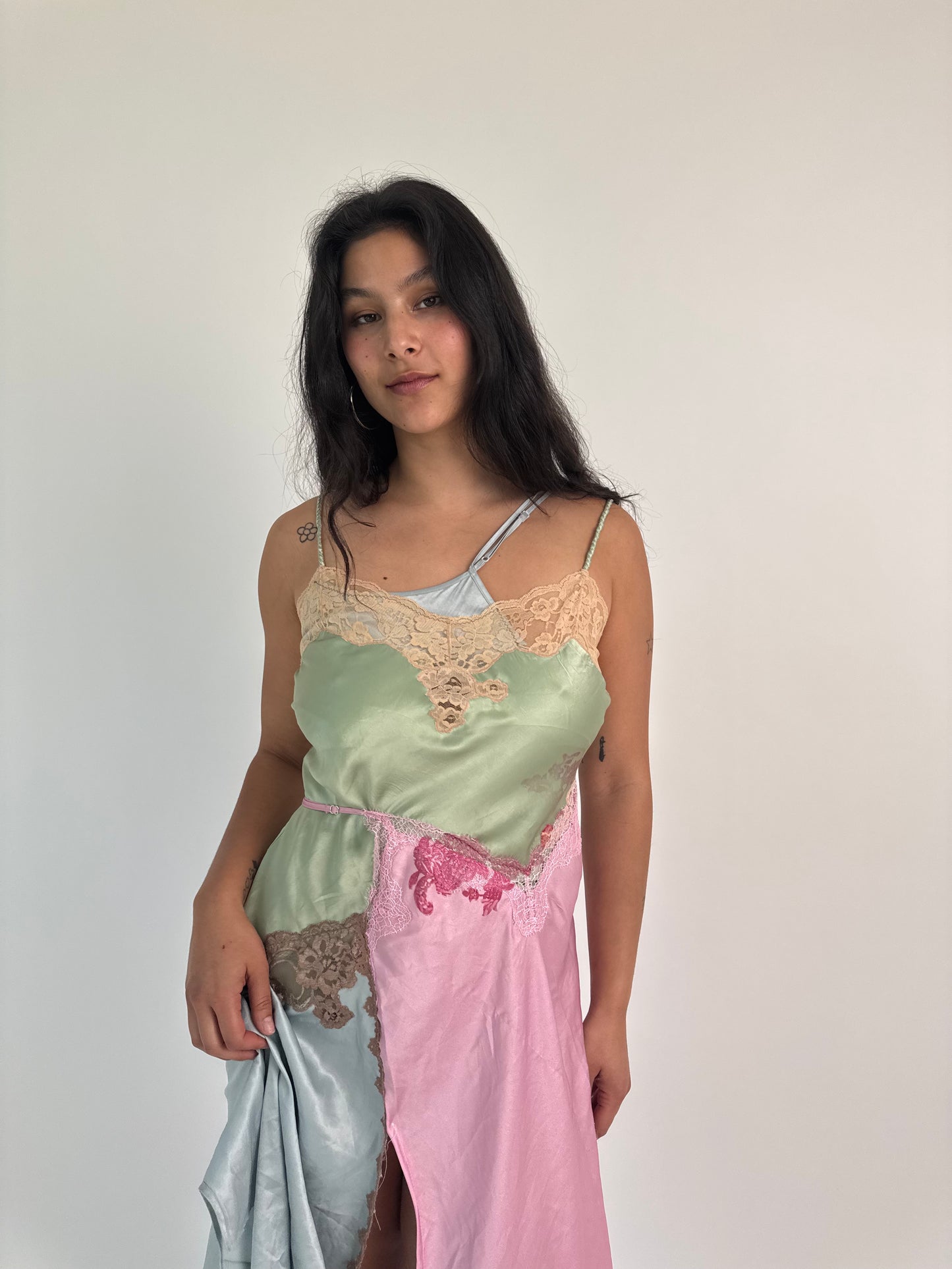 Upcycled green patchwork slip dress