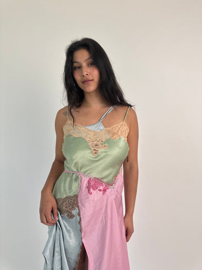 Upcycled green patchwork slip dress