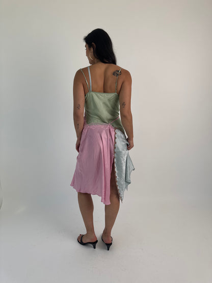 Upcycled green patchwork slip dress