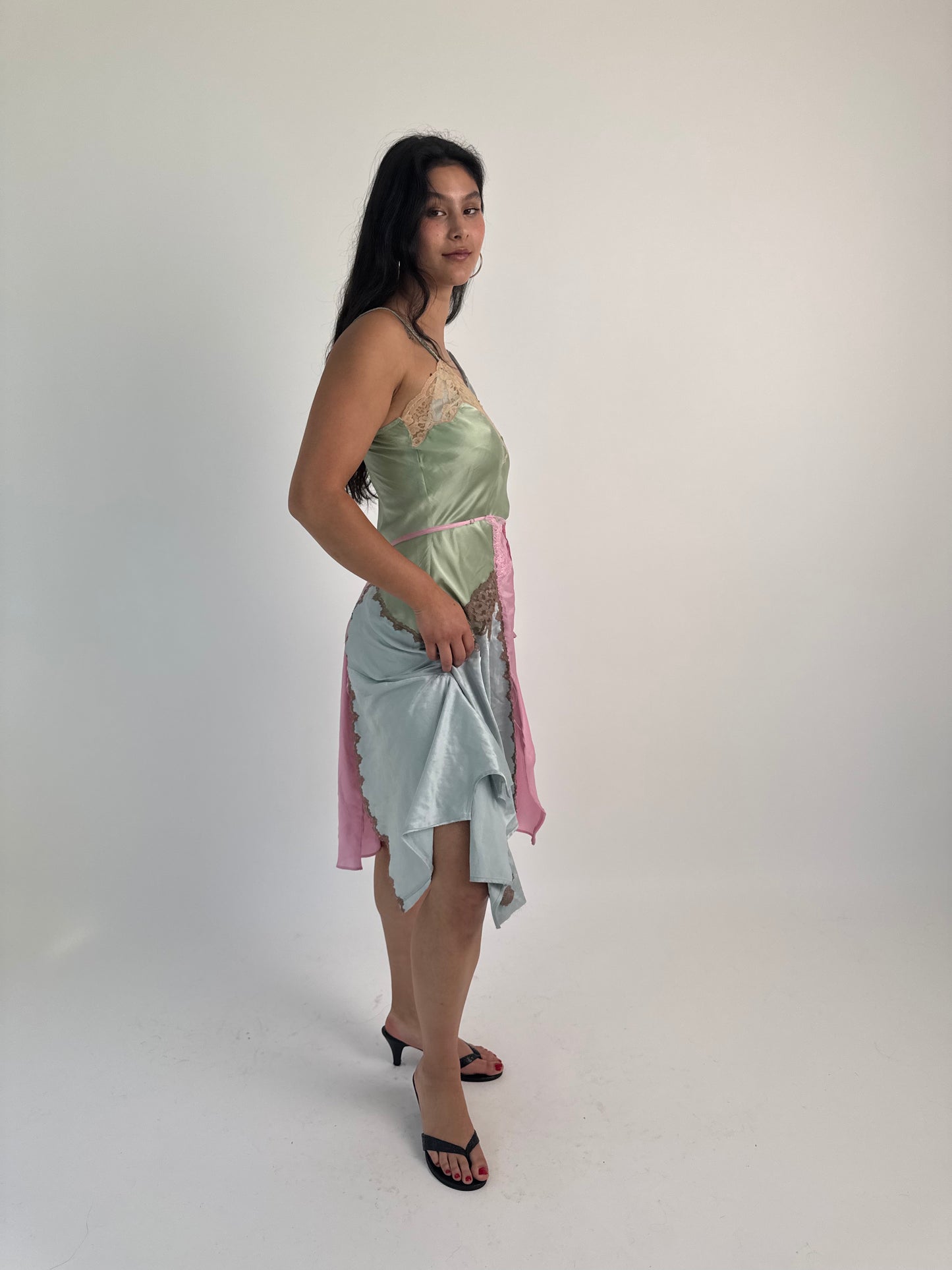 Upcycled green patchwork slip dress