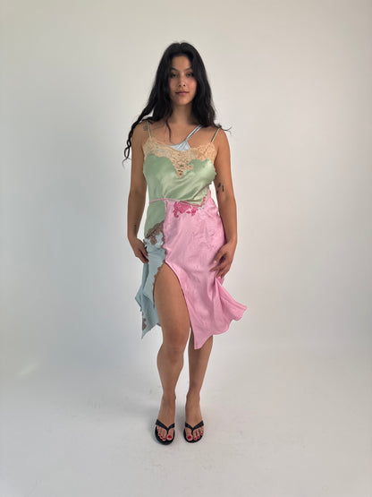 Upcycled green patchwork slip dress
