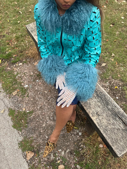 Teal Cut-Out Leather Jacket