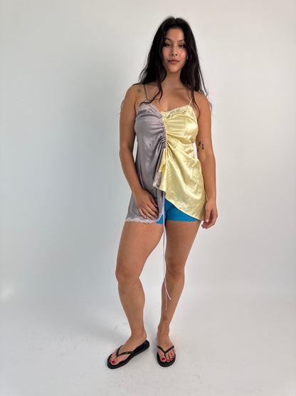 Upcycled yellow and grey ruched top