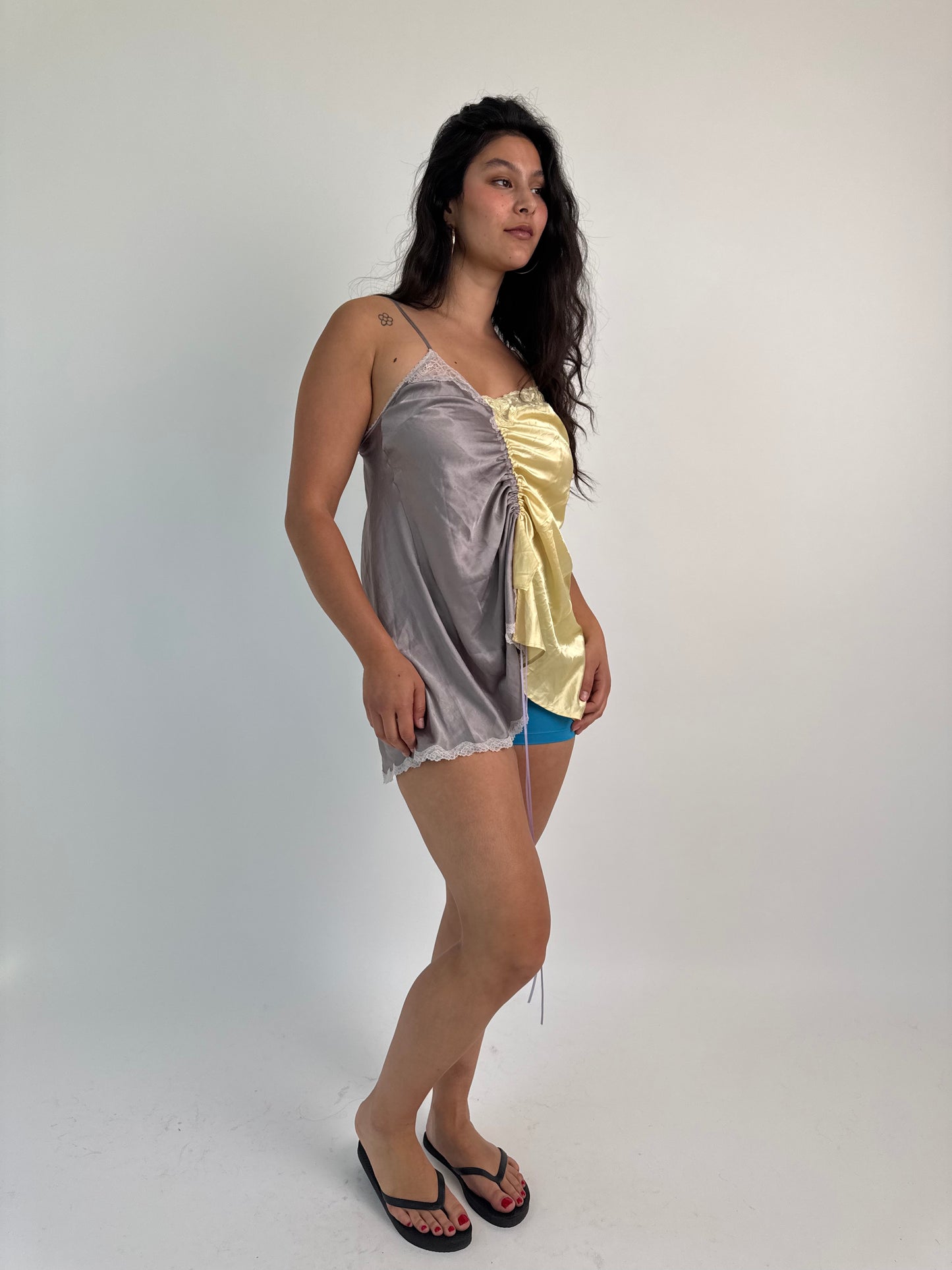 Upcycled yellow and grey ruched top