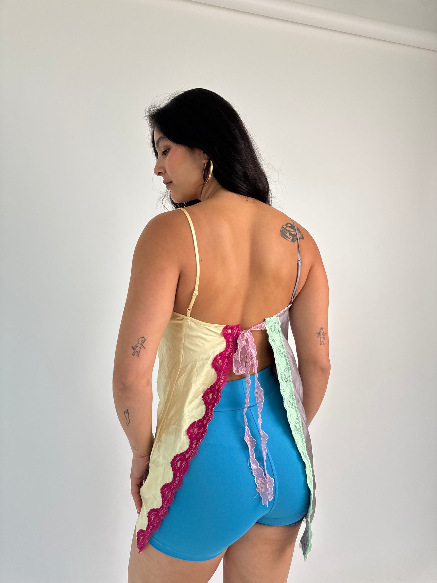 Upcycled yellow and grey ruched top