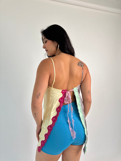 Upcycled yellow and grey ruched top