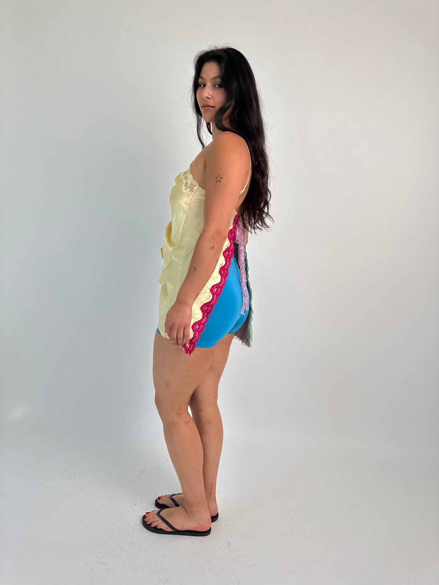 Upcycled yellow and grey ruched top