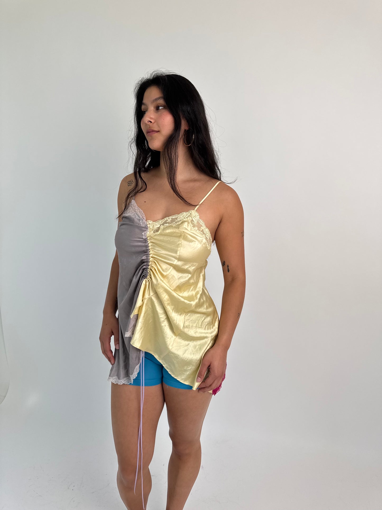 Upcycled yellow and grey ruched top