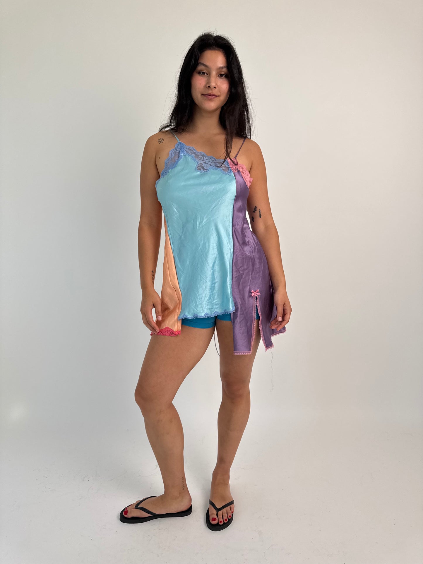 Upcycled blue and purple one-shoulder top