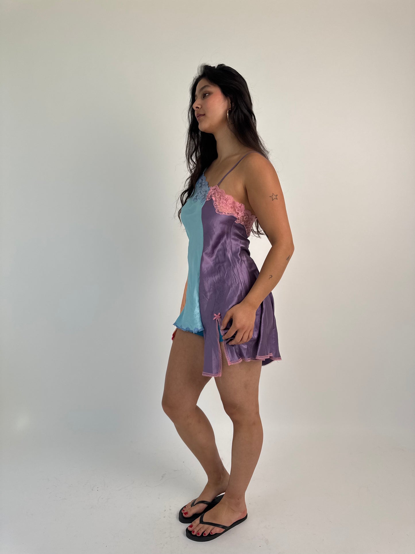 Upcycled blue and purple one-shoulder top