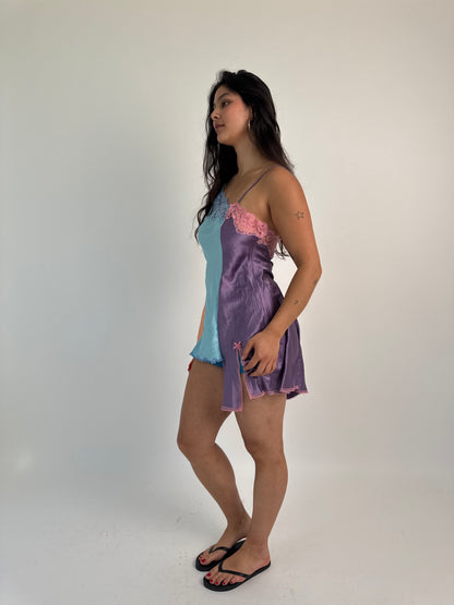 Upcycled blue and purple one-shoulder top