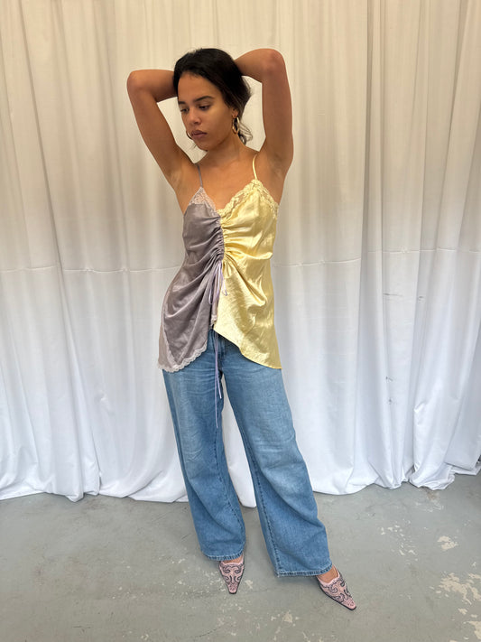 Upcycled yellow and grey ruched top