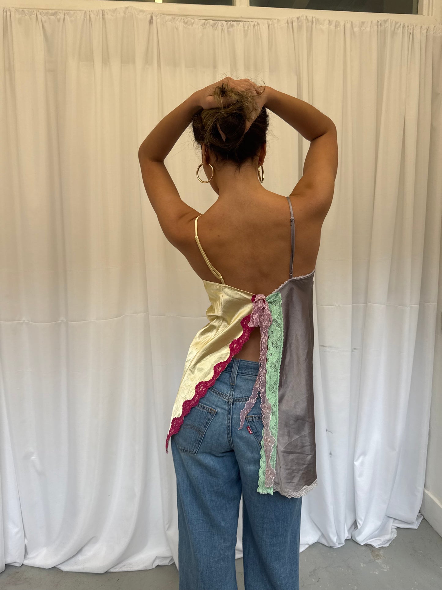 Upcycled yellow and grey ruched top