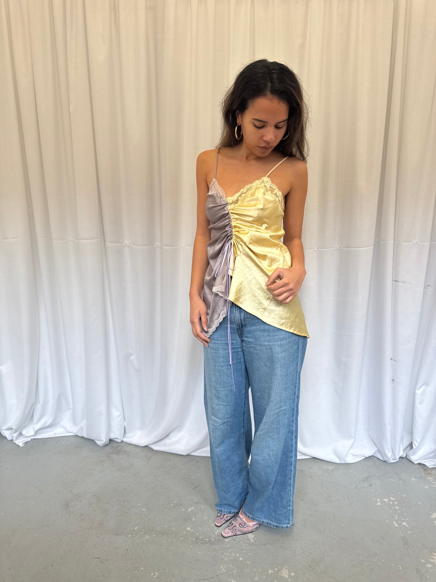 Upcycled yellow and grey ruched top