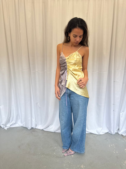 Upcycled yellow and grey ruched top