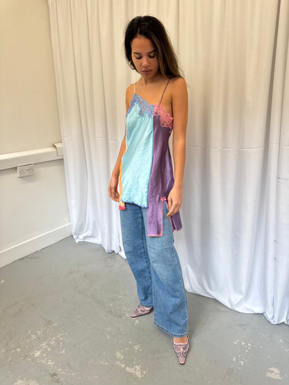 Upcycled blue and purple one-shoulder top