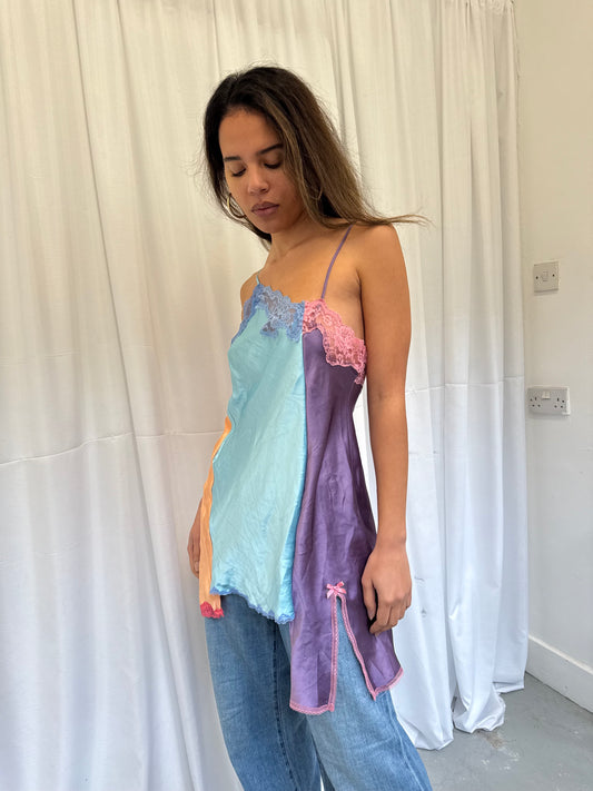 Upcycled blue and purple one-shoulder top