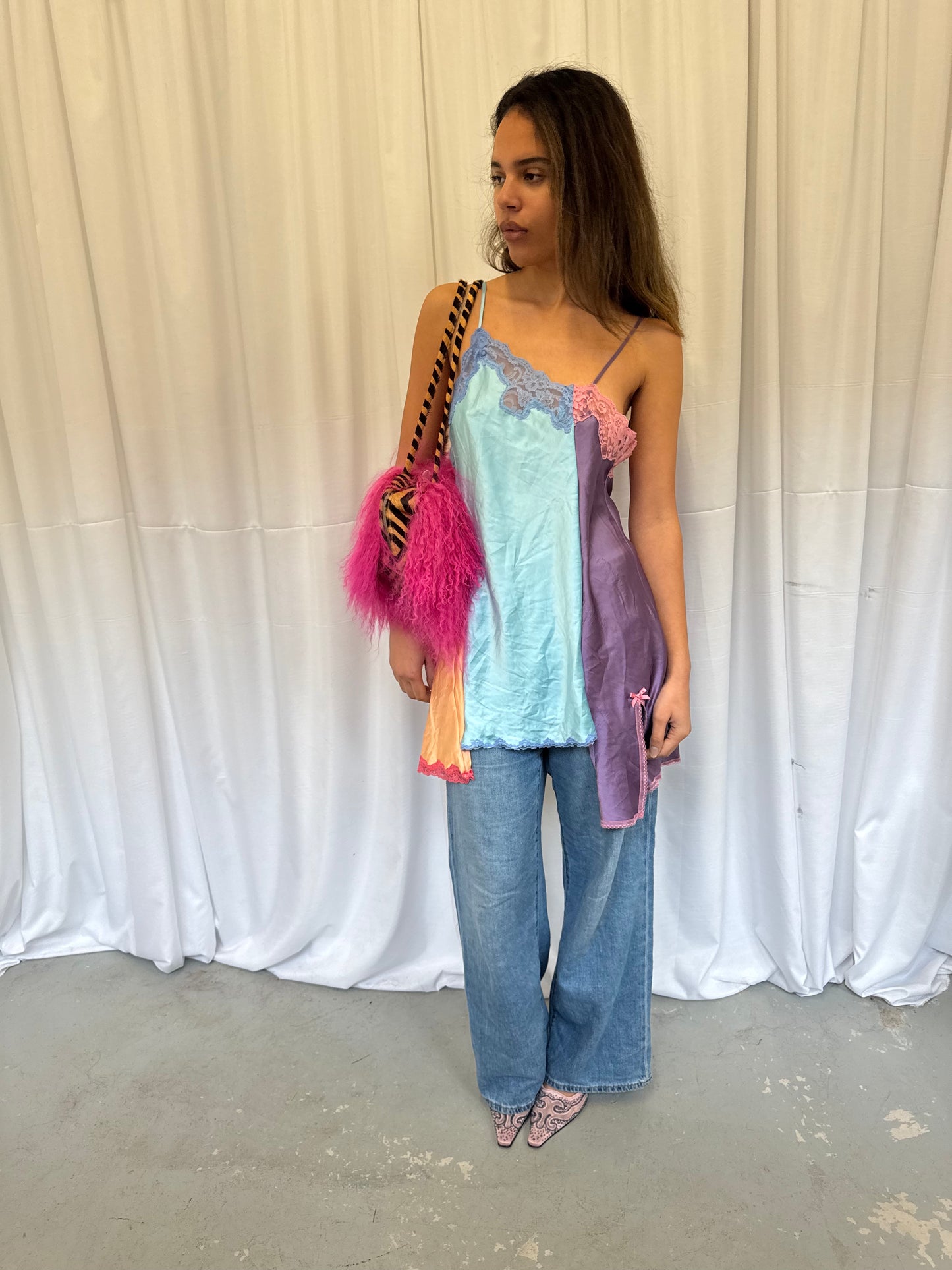 Upcycled blue and purple one-shoulder top