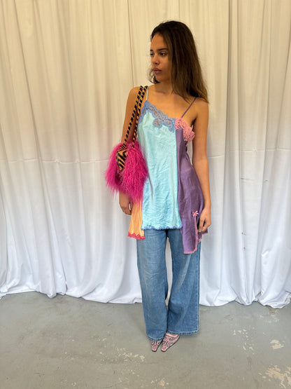Upcycled blue and purple one-shoulder top