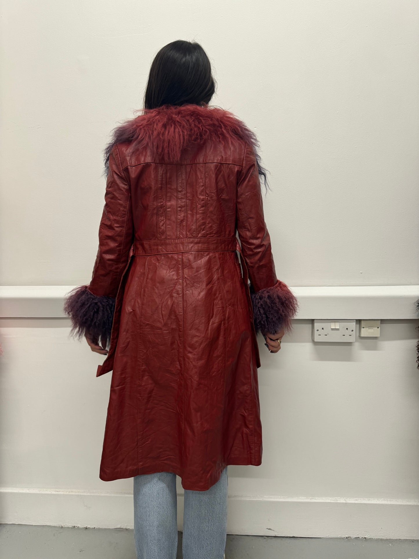 Long red coat with ombré trims