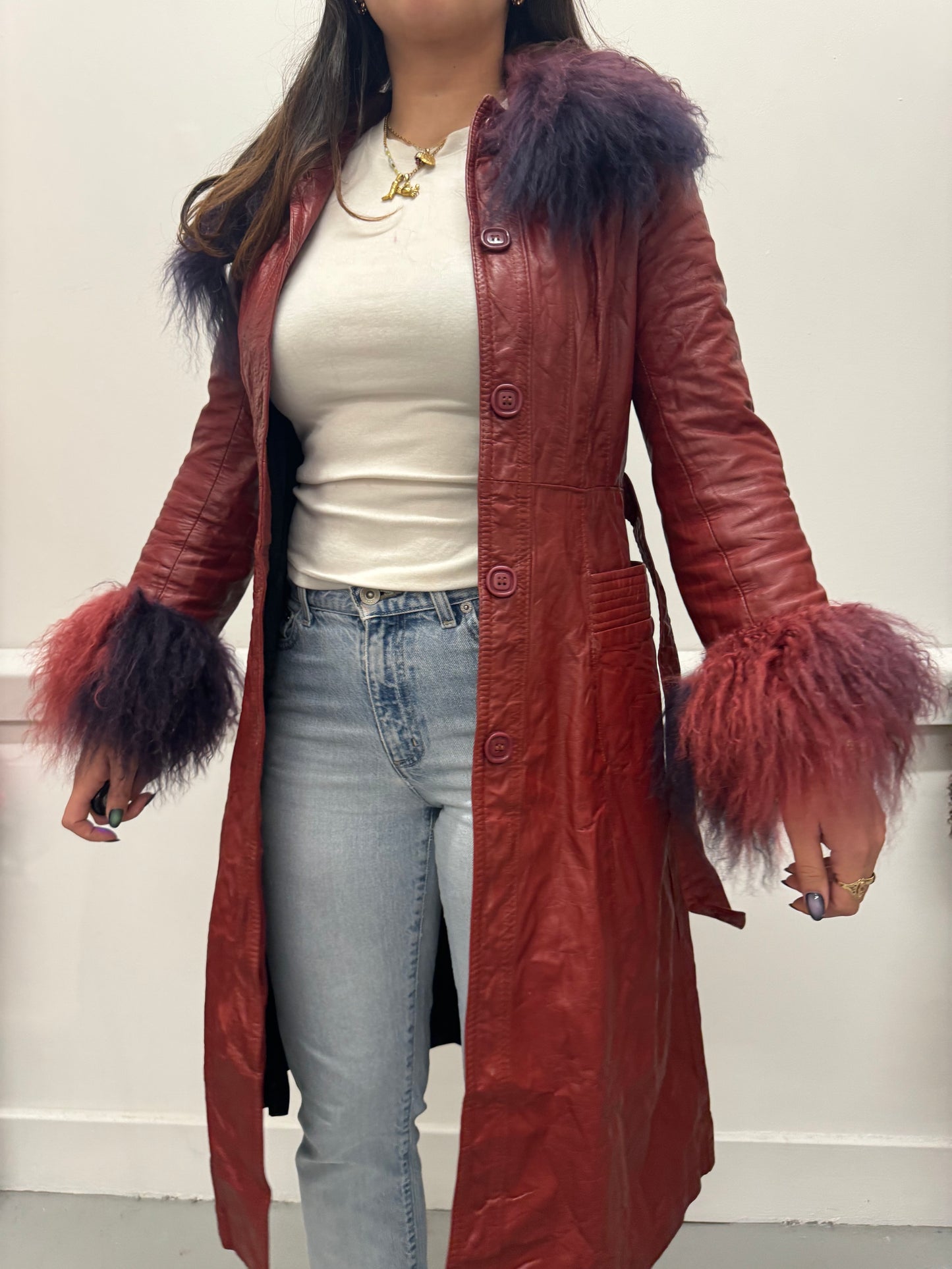 Long red coat with ombré trims