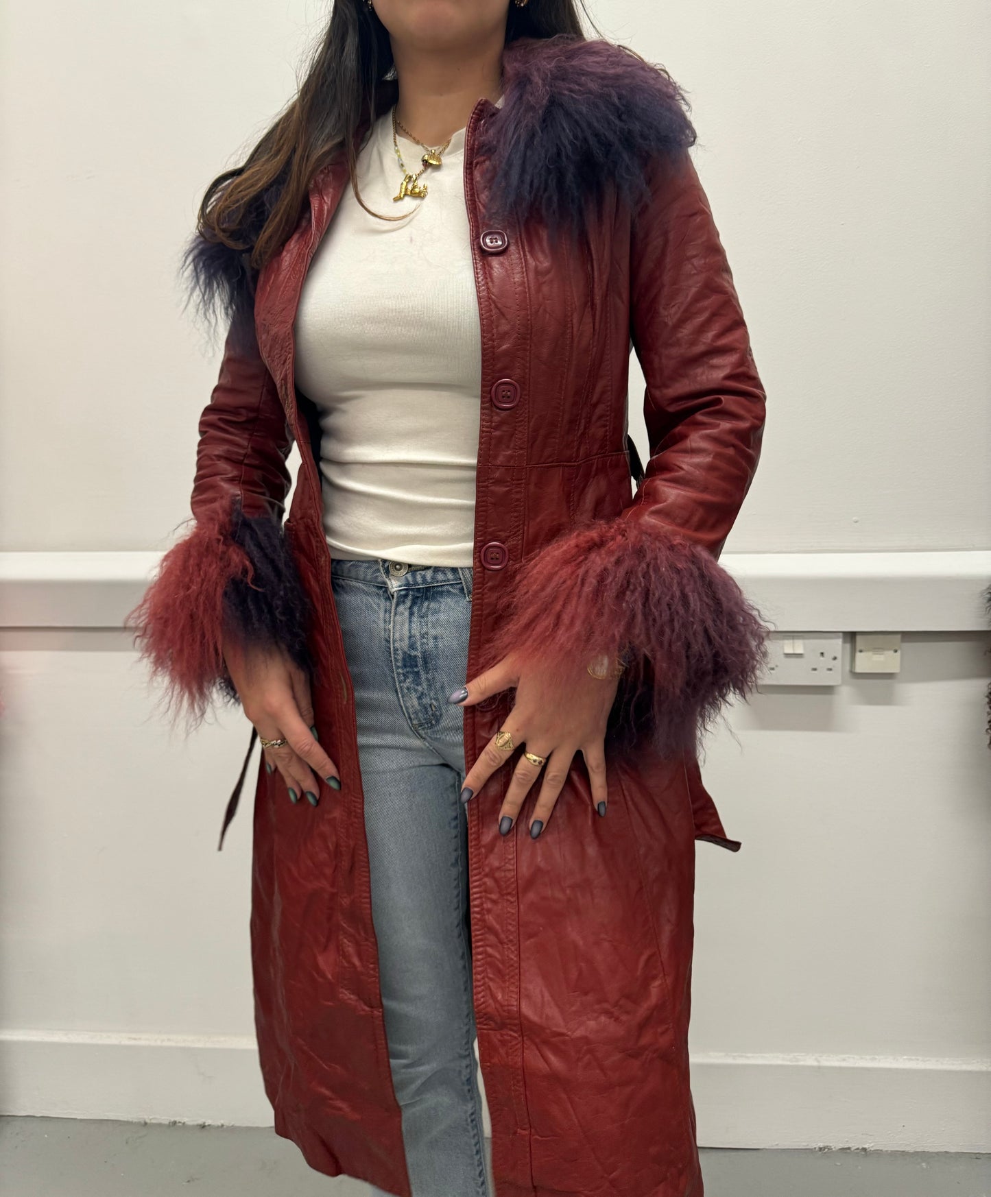 Long red coat with ombré trims