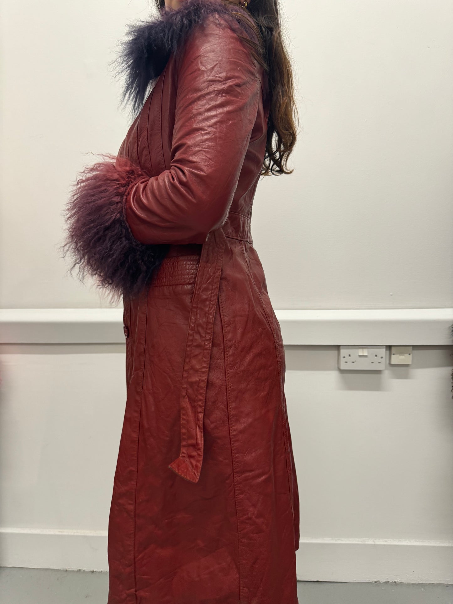 Long red coat with ombré trims