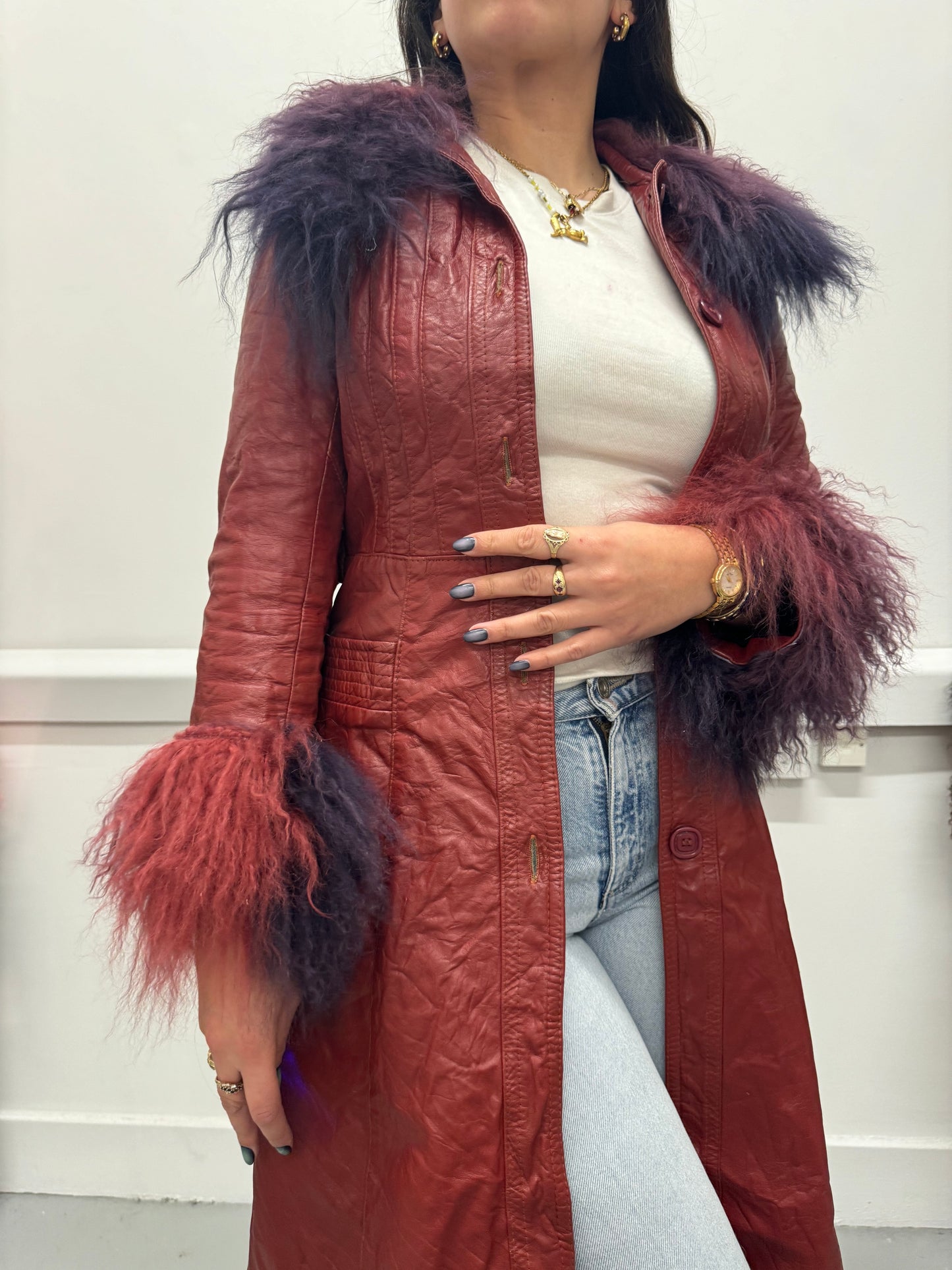 Long red coat with ombré trims