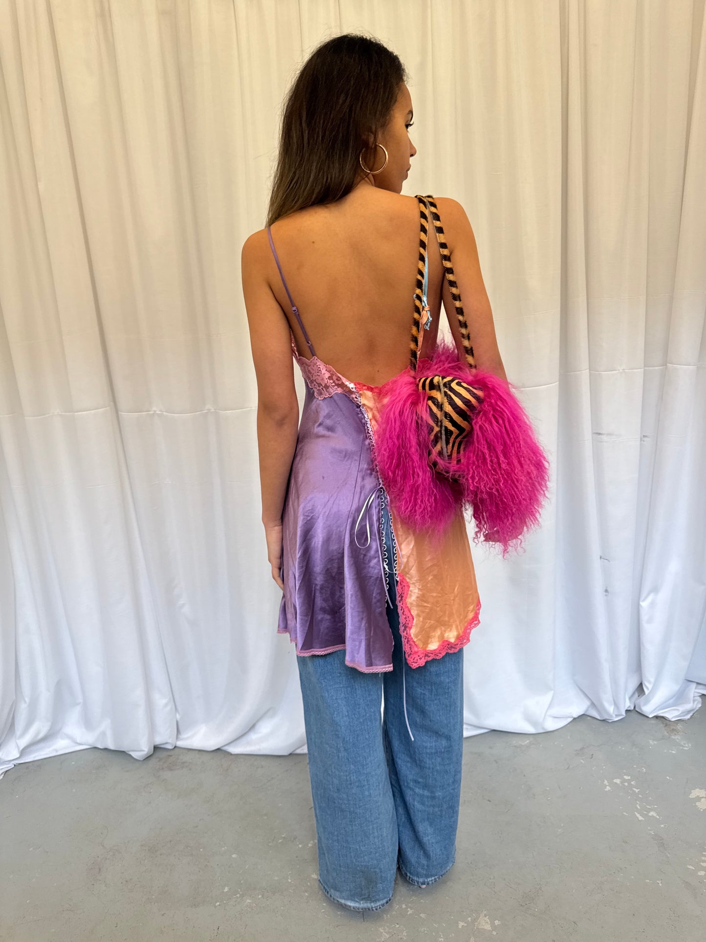 Upcycled blue and purple one-shoulder top