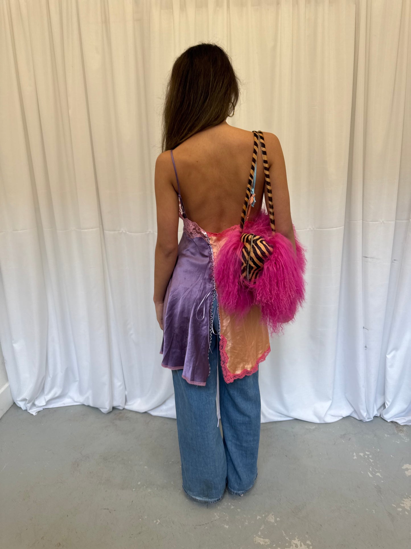 Upcycled blue and purple one-shoulder top